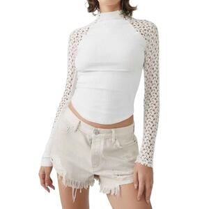 Free People Clemente Mixed Media Womens Lacy Sleeve Stretch Top Size Medium